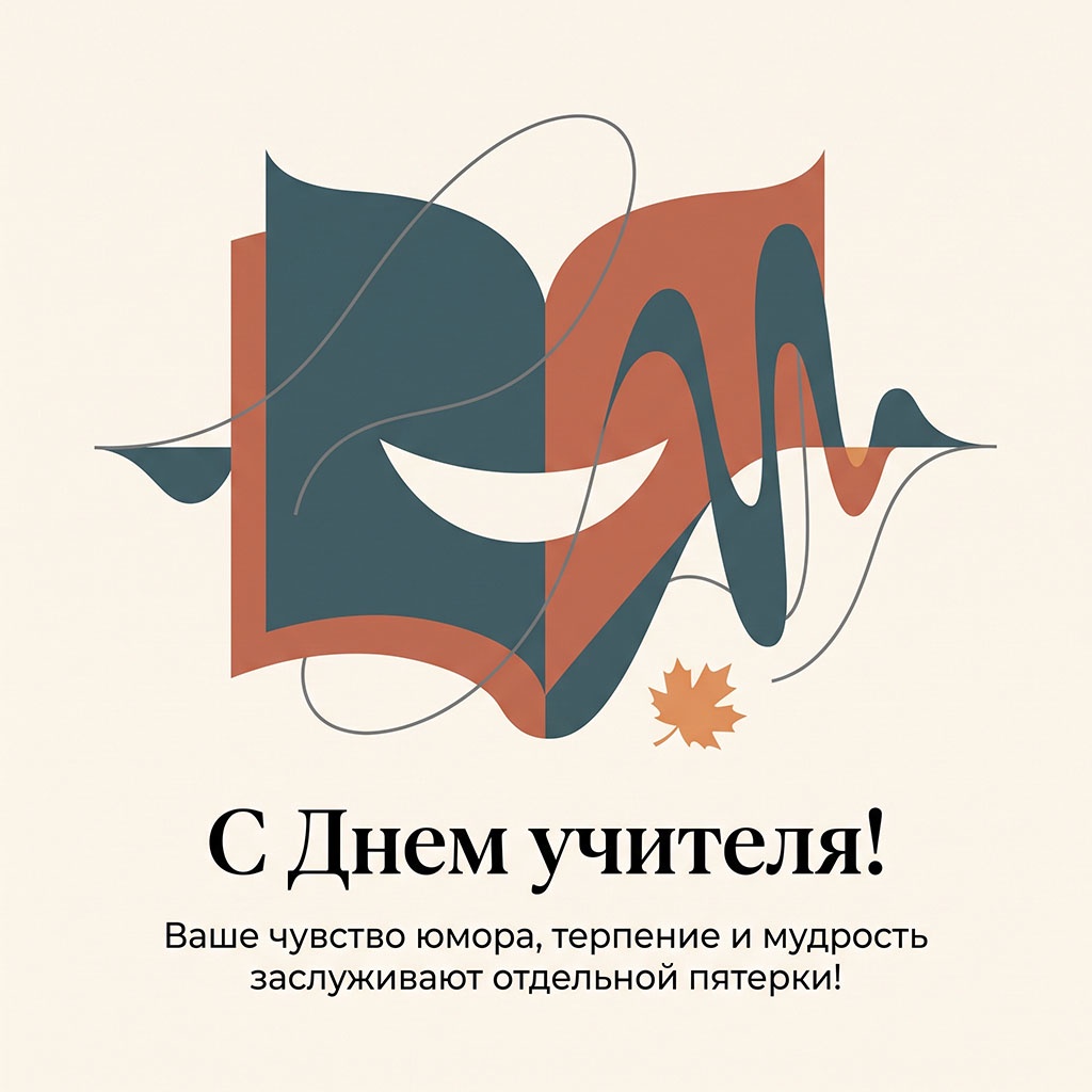 Открытка с улыбающейся книгой в стиле абстракционизма и текстом: "С Днем учителя! Ваше чувство юмора, терпение и мудрость заслуживают отдельной пятерки!"