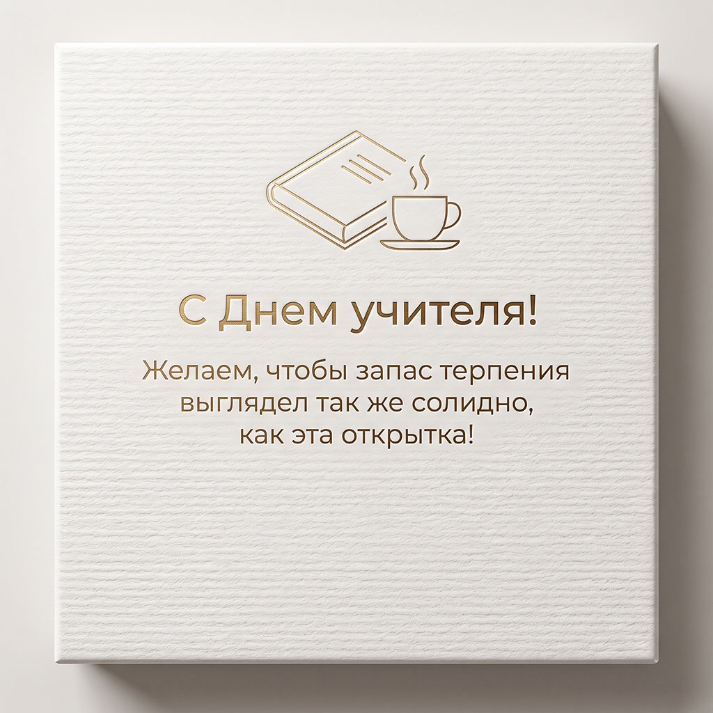 Белая открытка с золотой тисненой книгой и текстом: "С Днем учителя! Желаем, чтобы запас терпения выглядел так же солидно, как эта открытка!"