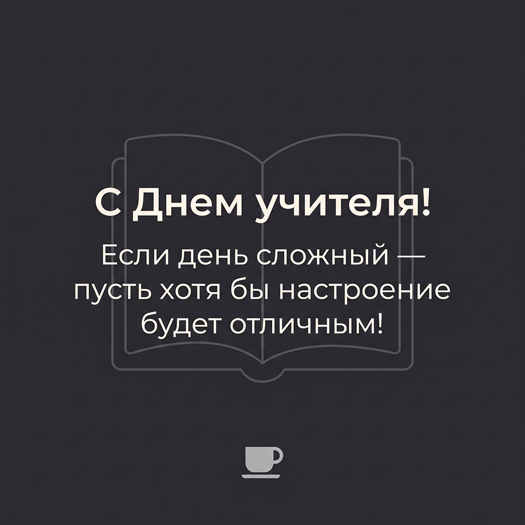 Открытка на темном фоне с раскрытой книгой, чашкой и текстом: "С Днем учителя! Если день сложный - пусть хотя бы настроение будет отличным!"