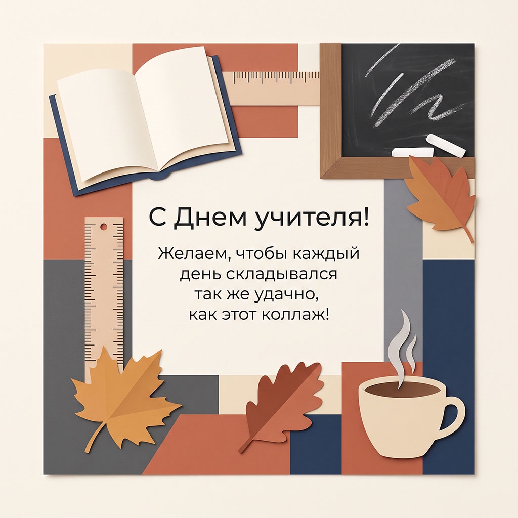 Векторная открытка с книгой, линейками, школьной доской, чашкой кофе и текстом: "С Днем учителя! Желаем, чтобы каждый день складывался так же удачно, как этот коллаж!"