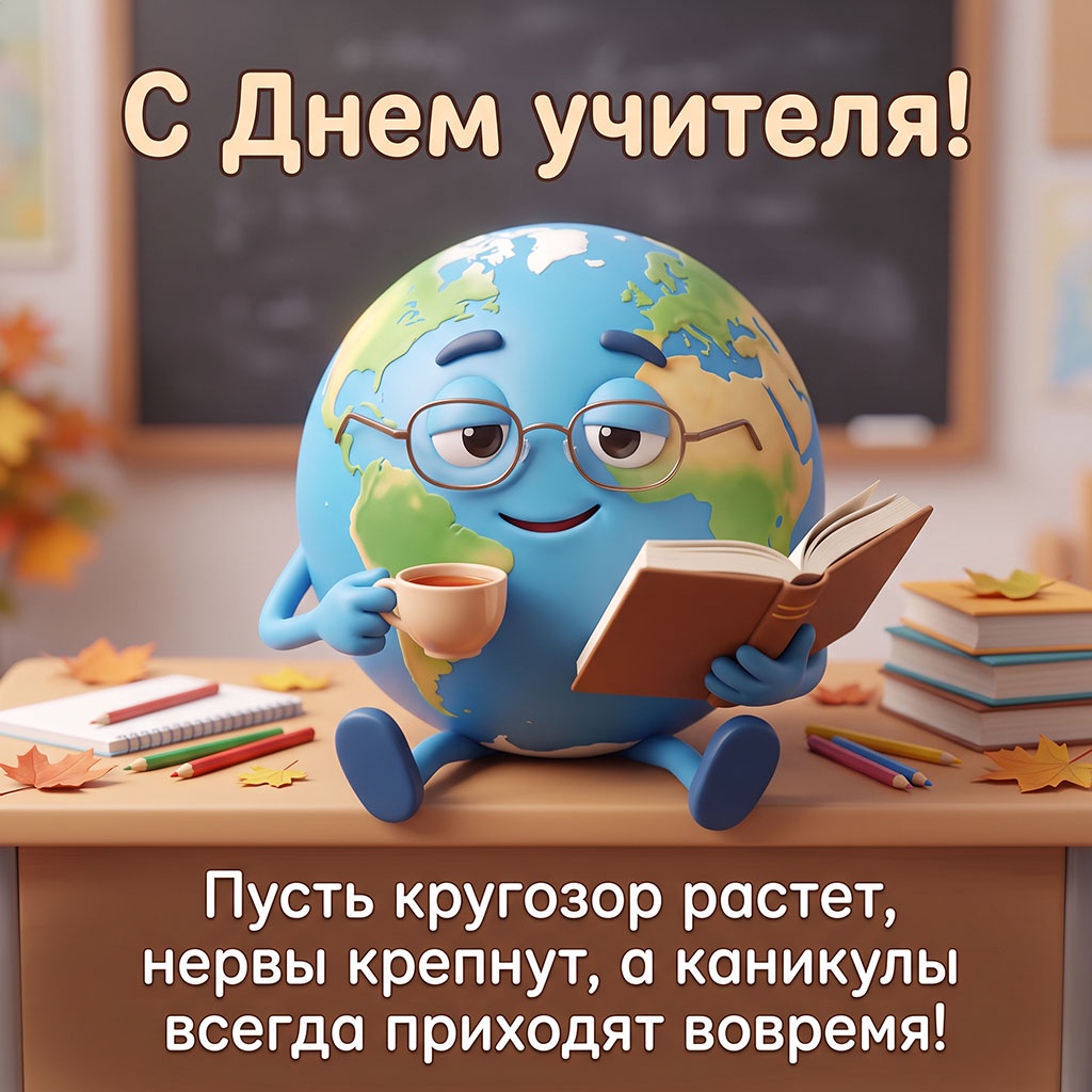 Открытка со смешным глобусом, читающим книгу, и текстом: "С Днем учителя! Пусть кругозор растет, нервы крепнут, а каникулы всегда приходят вовремя!"