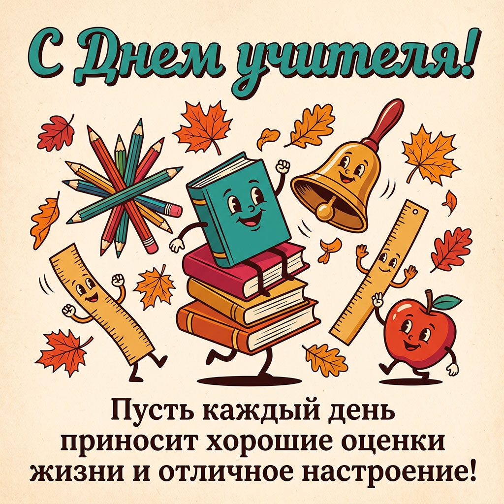 Мультяшная открытка с ожившими книгами, линейками и текстом: "С Днем учителя! Пусть каждый день приносит хорошие оценки жизни и отличное настроение!"