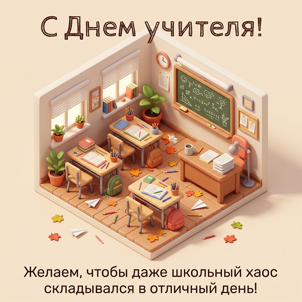 3D-открытка с уютным классом, разбросанными карандашами, самолетиками и текстом: "С Днем учителя! Желаем, чтобы даже школьный хаос складывался в отличный день!"