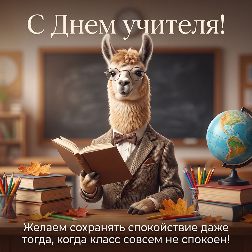 Открытка с ламой в образе учителя и текстом: "С Днем учителя! Желаем сохранять спокойствие даже тогда, когда класс совсем не спокоен!"