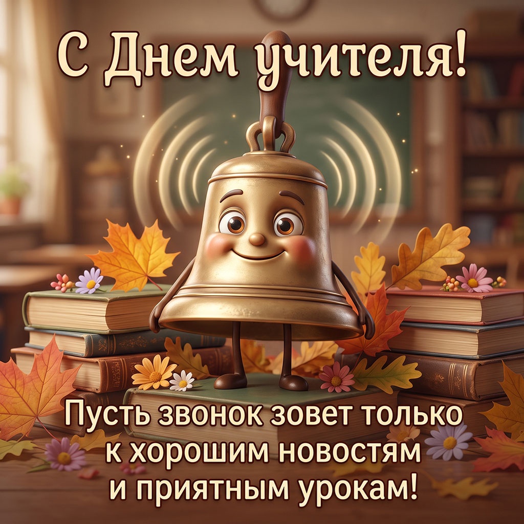 Открытка с ожившим медным колокольчиком и текстом: "С Днем учителя! Пусть звонок зовет только к хорошим новостям и приятным урокам!"