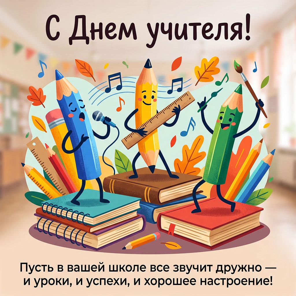 Открытка с карандашами-музыкантами и текстом: "С Днем учителя! Пусть в вашей школе все звучит дружно - и уроки, и успехи, и хорошее настроение!"
