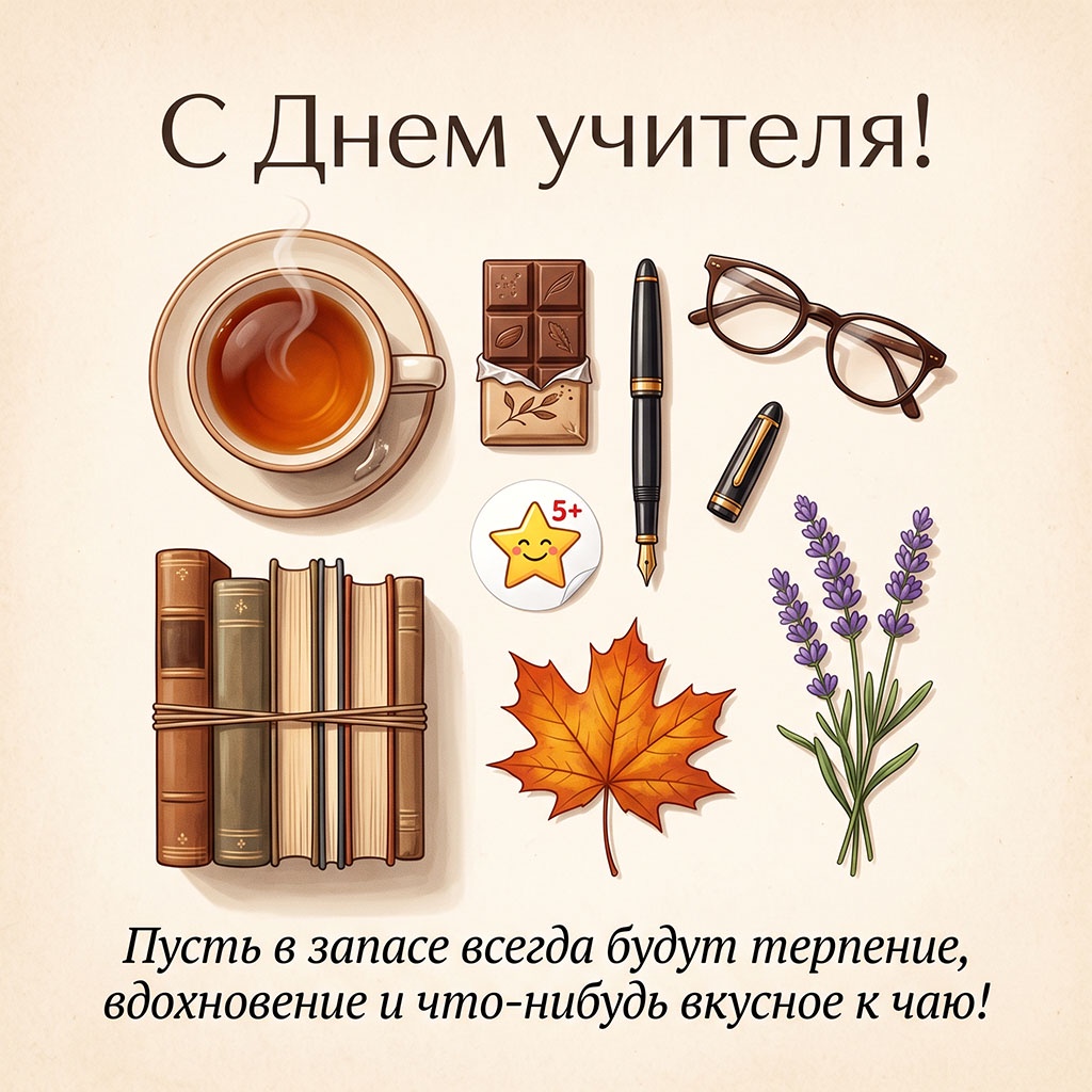 Открытка с чашкой чая, шоколадом и текстом: "С Днем учителя! Пусть в запасе всегда будут терпение, вдохновение и что-нибудь вкусное к чаю!"