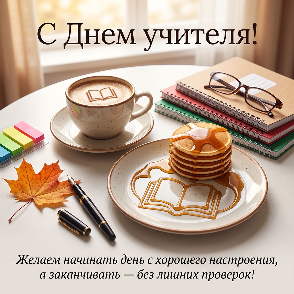Открытка с чашкой капучино, оладушками с кленовым сиропом, тетрадями и текстом: "С Днем учителя! Желаем начинать день с хорошего настроения, а заканчивать - без лишних проверок!"