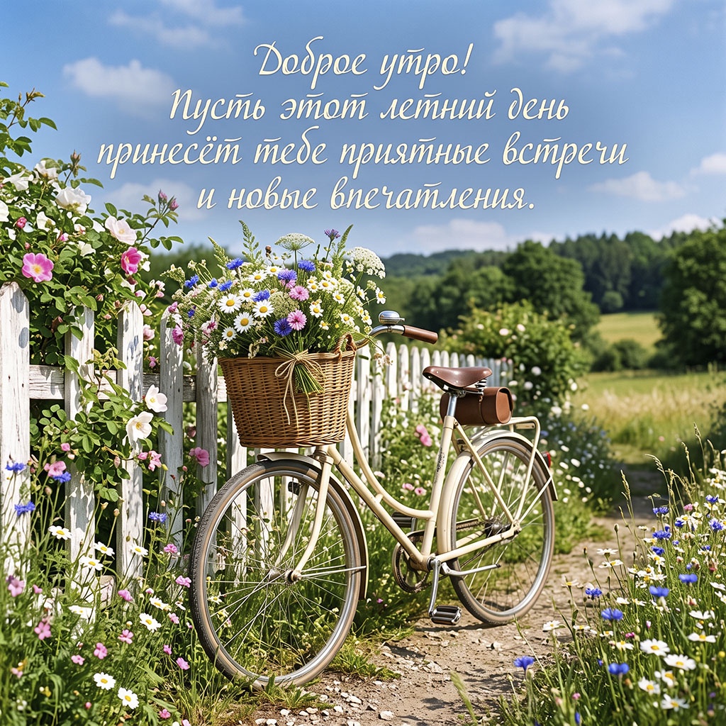 Открытка с велосипедом с корзиной полевых цветов у белого забора и текстом: "Доброе утро! Пусть этот летний день принесет тебе приятные встречи и новые впечатления."