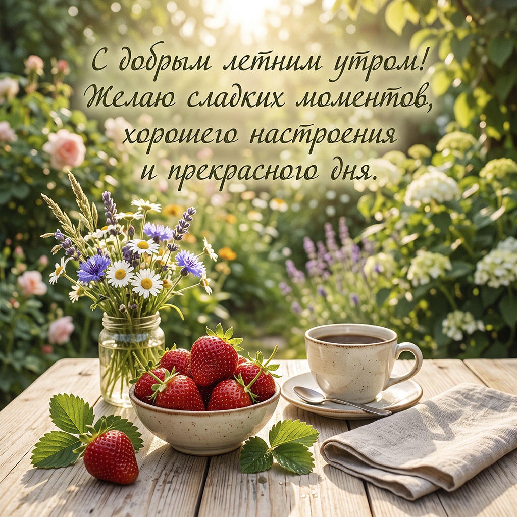 Открытка с чашкой кофе, свежей клубникой, букетом полевых цветов на столе в саду и текстом: "С добрым летним утром! Желаю сладких моментов, хорошего настроения."