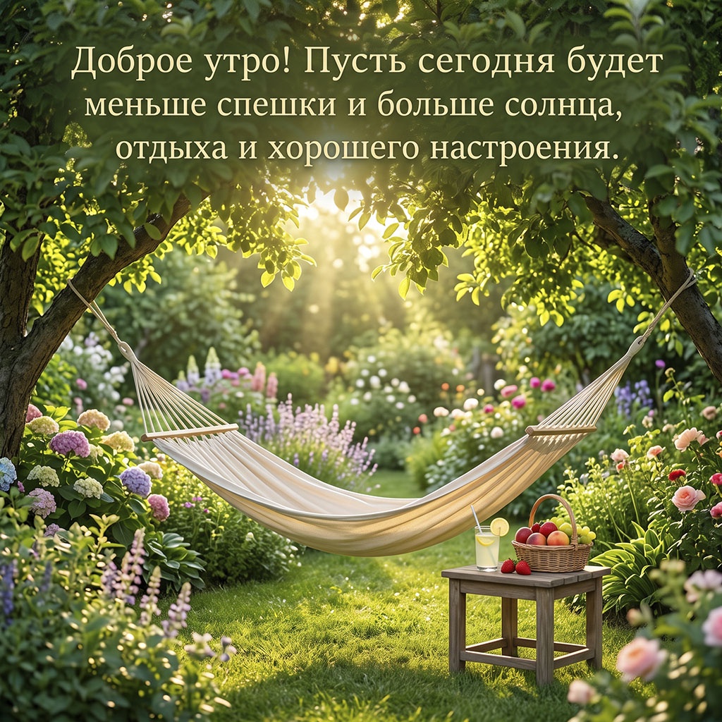 Открытка с гамаком между деревьями, столиком с лимонадом и корзиной фруктов и текстом: "Доброе утро! Пусть сегодня будет меньше спешки и больше солнца, отдыха и хорошего настроения."