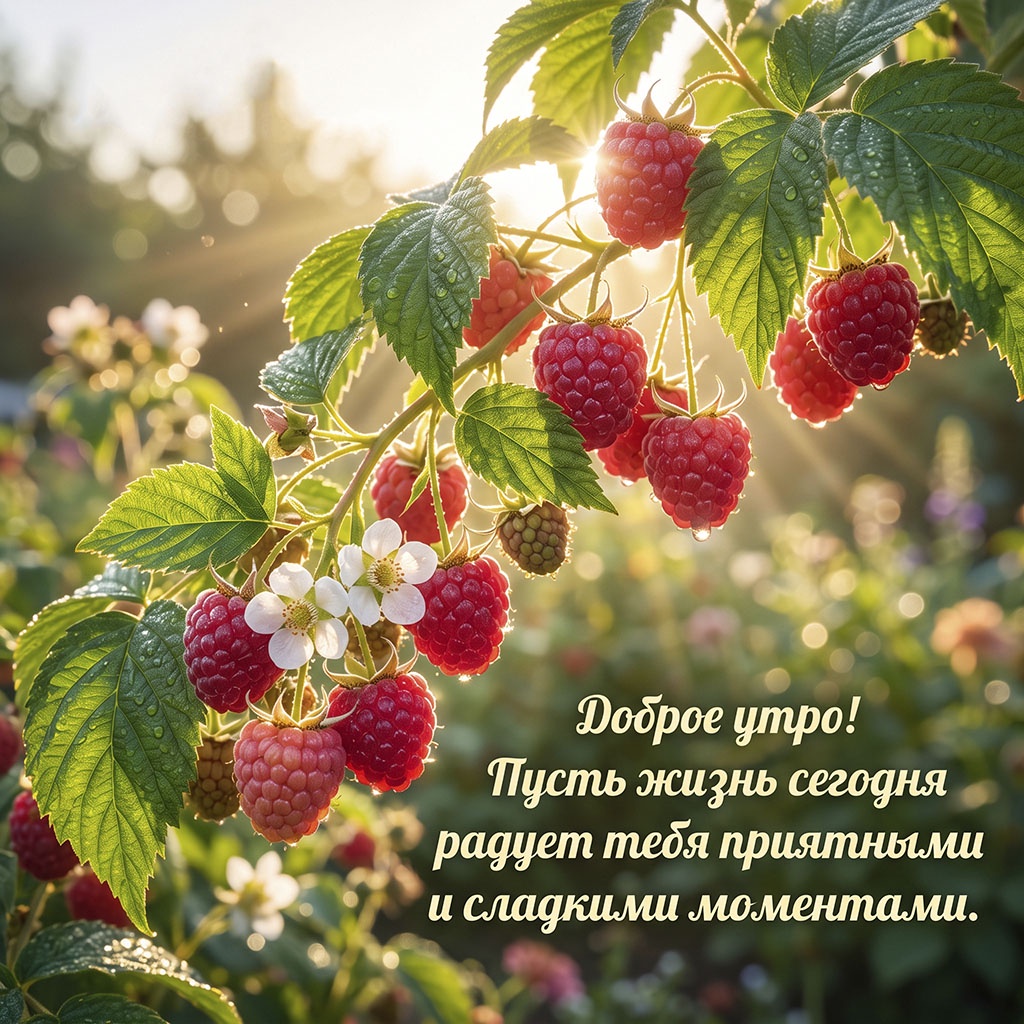 Открытка с веткой спелой малины в каплях росы и текстом: "Доброе утро! Пусть жизнь сегодня радует тебя приятными и сладкими моментами."