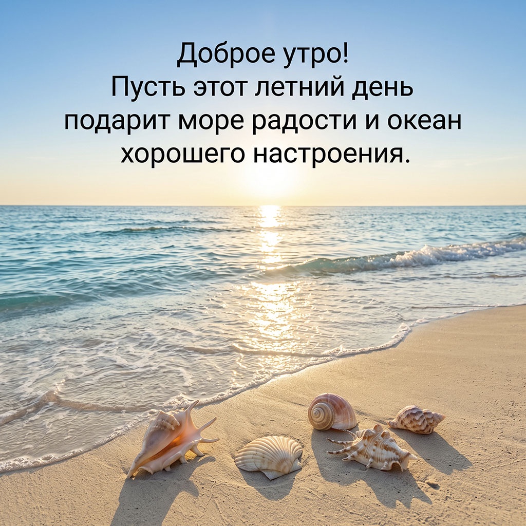Открытка с ракушками на песке у морского прибоя и текстом: "Доброе утро! Пусть этот летний день подарит море радости и океан хорошего настроения."