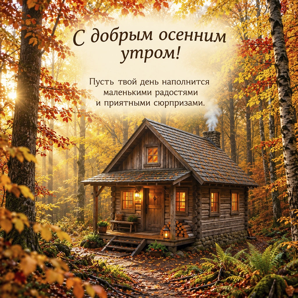 Открытка с бревенчатым домиком в осеннем лесу и текстом: "С добрым осенним утром! Пусть твой день наполнится маленькими радостями и приятными сюрпризами."