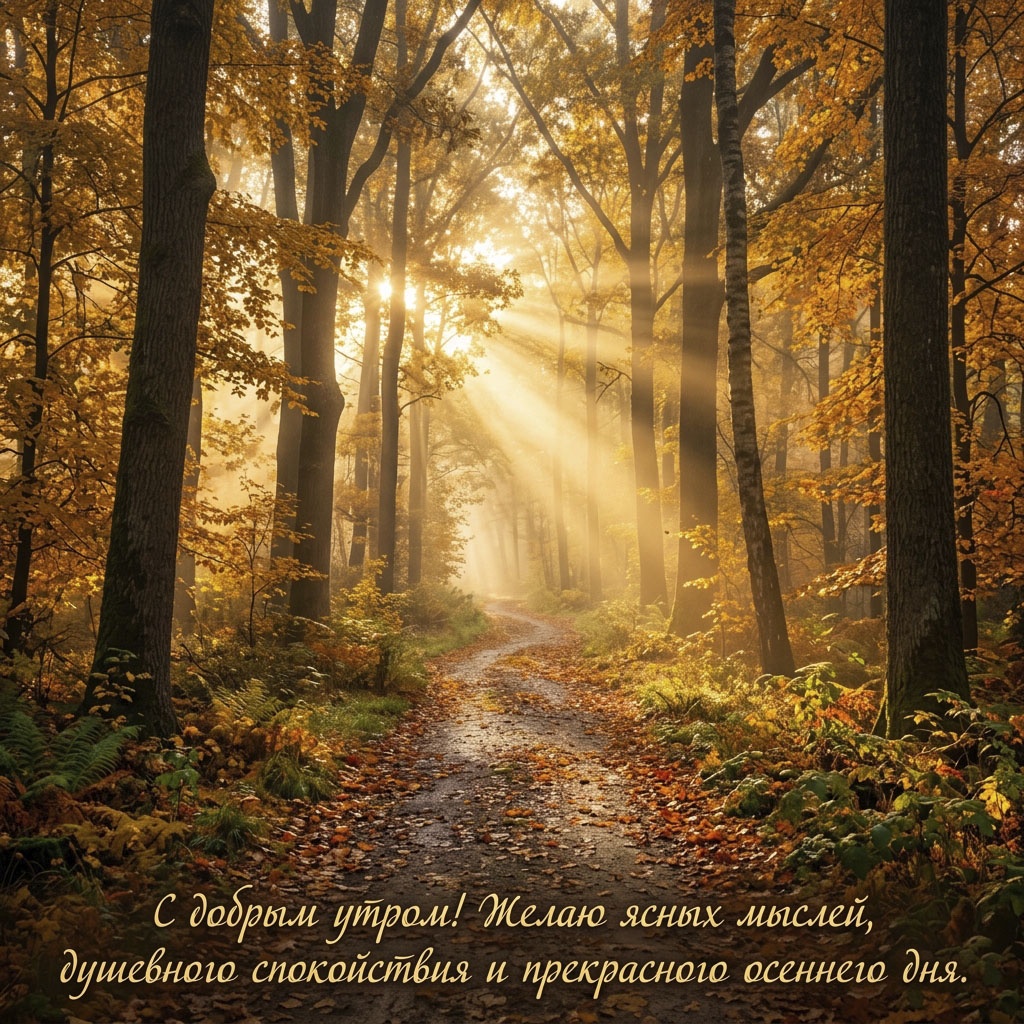 Открытка с осенней лесной тропинкой, лучами солнца сквозь кроны и текстом: "С добрым утром! Желаю ясных мыслей, душевного спокойствия и прекрасного осеннего дня."