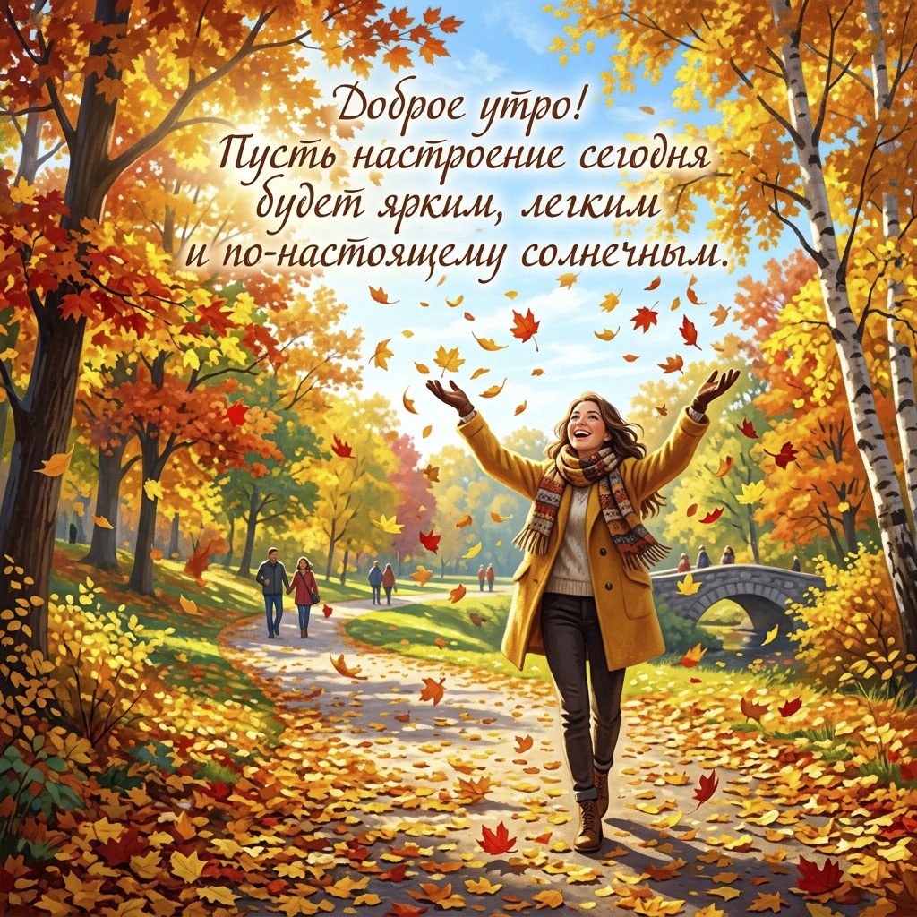 Открытка с улыбающейся девушкой под летящими осенними листьями в парке и текстом: "Доброе утро! Пусть настроение сегодня будет ярким, легким и по-настоящему солнечным."