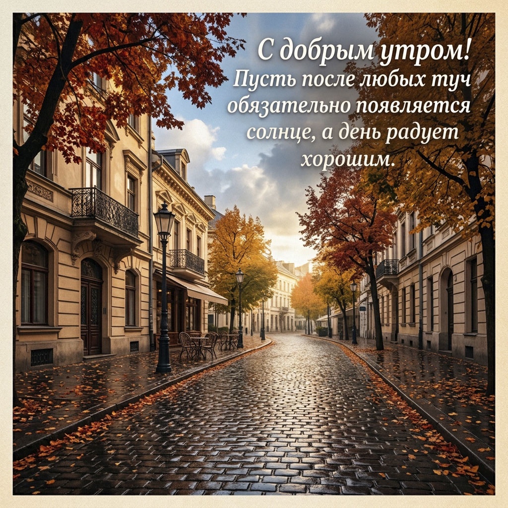 Открытка с мощеной улицей, старинными домами, осенними деревьями и текстом: "С добрым утром! Пусть после любых туч обязательно появляется солнце, а день радует хорошим."
