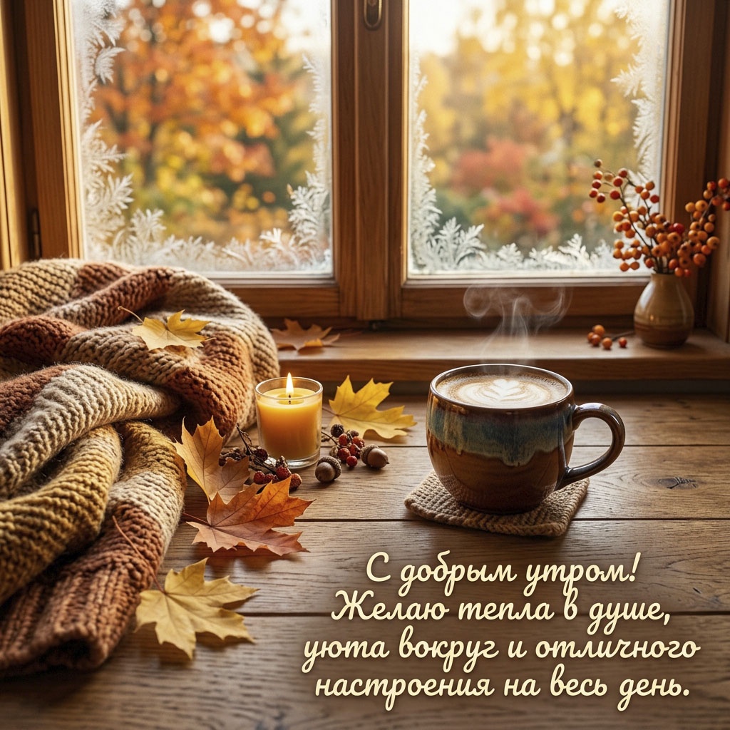 Открытка с чашкой кофе, свечой, вязаным пледом и текстом: "С добрым утром! Желаю тепла в душе, уюта вокруг и отличного настроения на весь день."