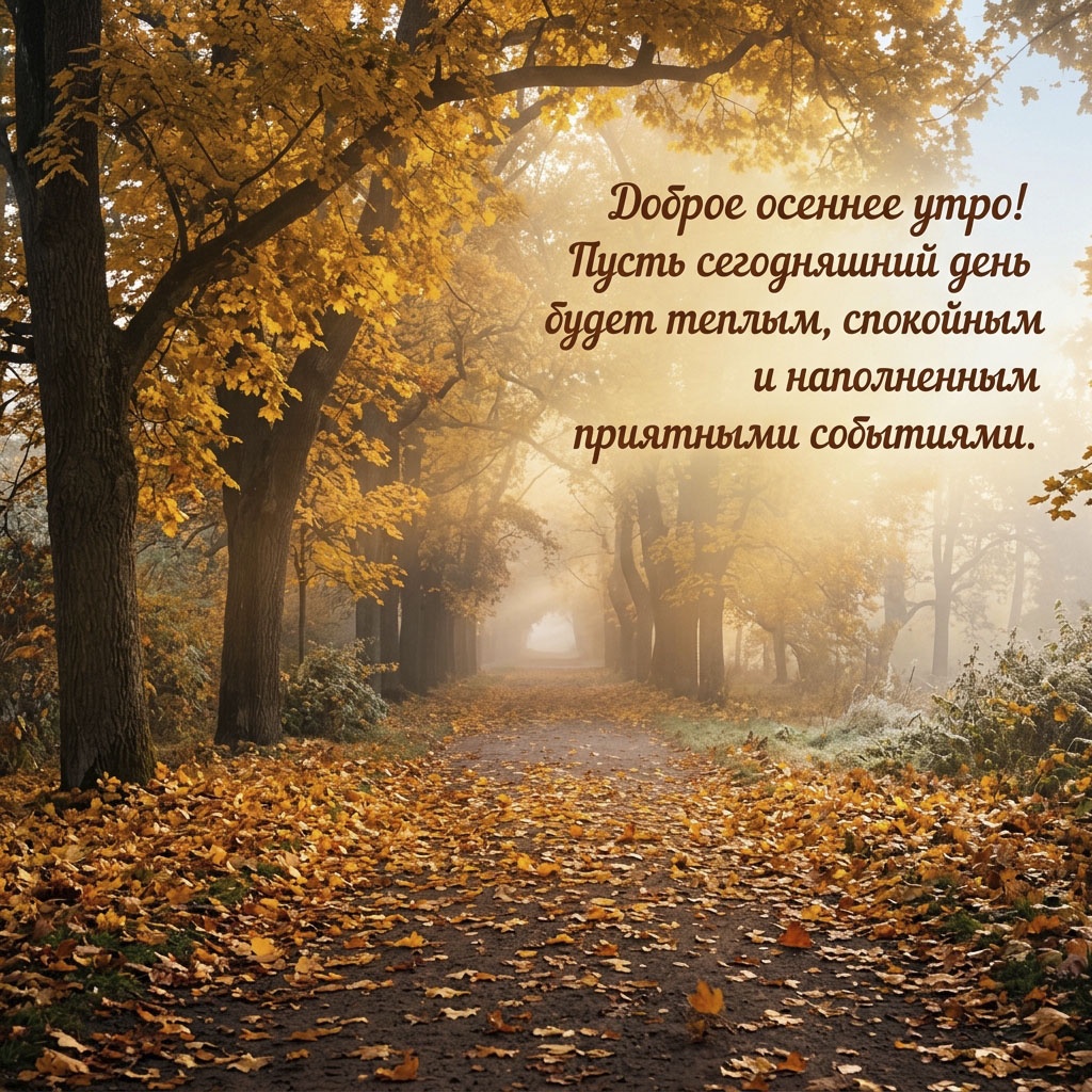 Открытка с тропинкой в осеннем лесу, покрытой золотыми листьями, и текстом: "Доброе осеннее утро! Пусть сегодняшний день будет теплым, спокойным и наполненным приятными событиями."