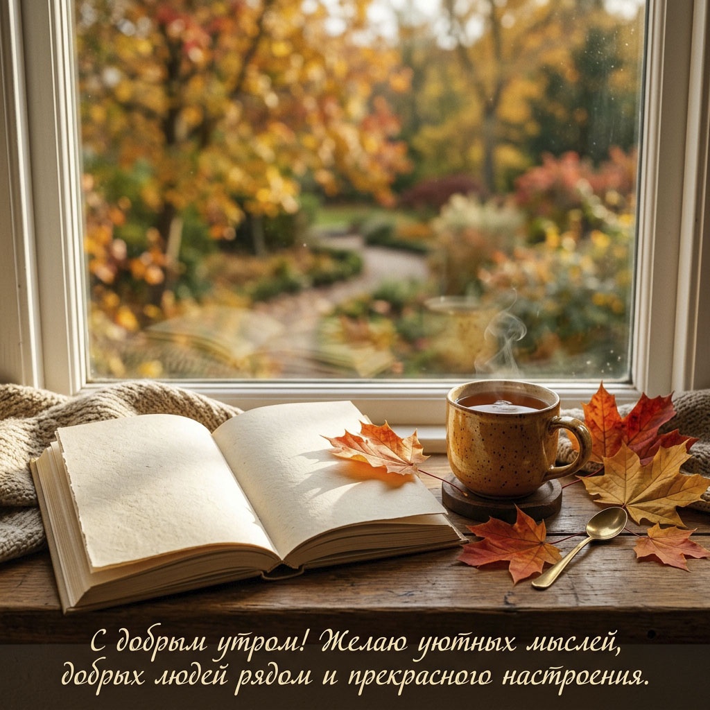 Открытка с открытой книгой, кофе, осенними листьями на подоконнике и текстом: "С добрым утром! Желаю уютных мыслей, добрых людей рядом и прекрасного настроения."