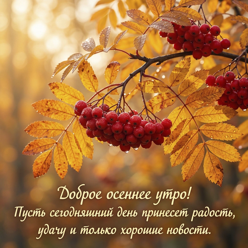 Открытка с гроздьями красной рябины, золотыми листьями в каплях росы и текстом: "Доброе осеннее утро! Пусть сегодняшний день принесет радость, удачу и только хорошие новости."