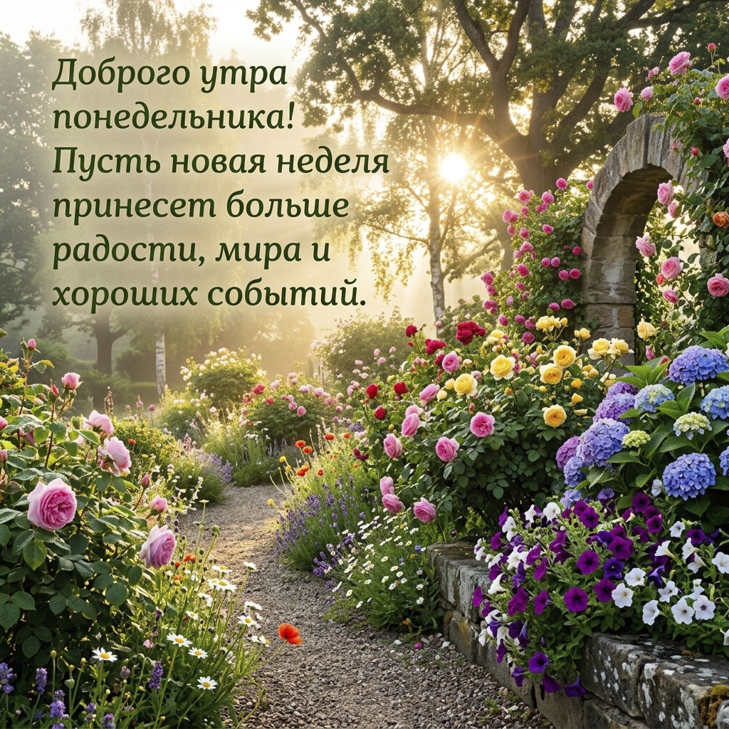 Открытка с розами, гортензиями и каменной аркой в утреннем свете и текстом: "Доброго утра понедельника! Пусть новая неделя принесет больше радости, мира и хороших событий."