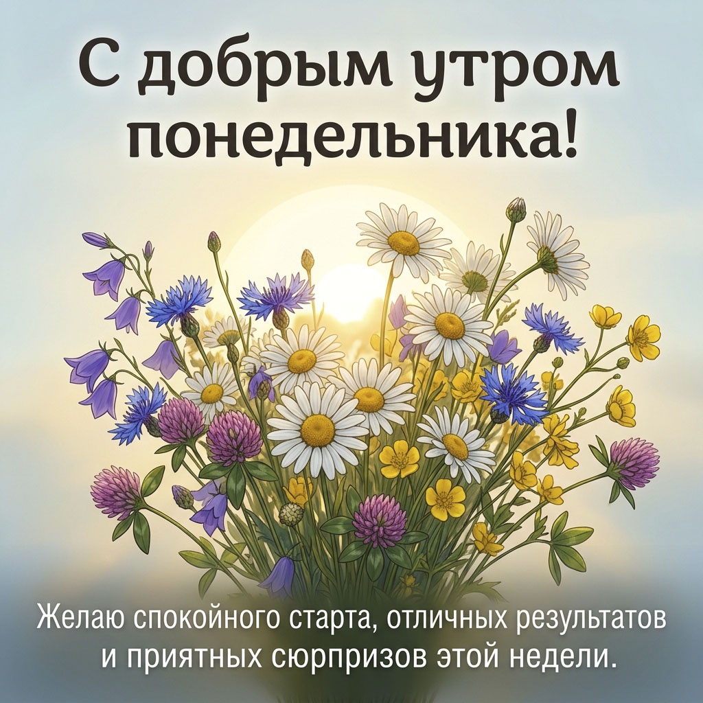Открытка с букетом ромашек, васильков, клевера и колокольчиков на фоне восходящего солнца и текстом: "С добрым утром понедельника! Желаю спокойного старта, отличных результатов и приятных сюрпризов этой недели."