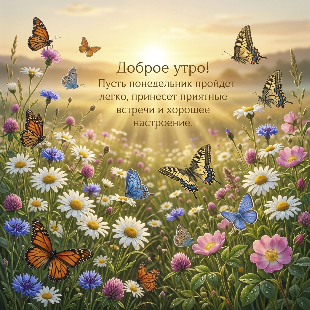 Открытка с полевыми цветами, бабочками в лучах утреннего солнца и текстом: "Доброе утро! Пусть понедельник пройдет легко, принесет приятные встречи и хорошее настроение."