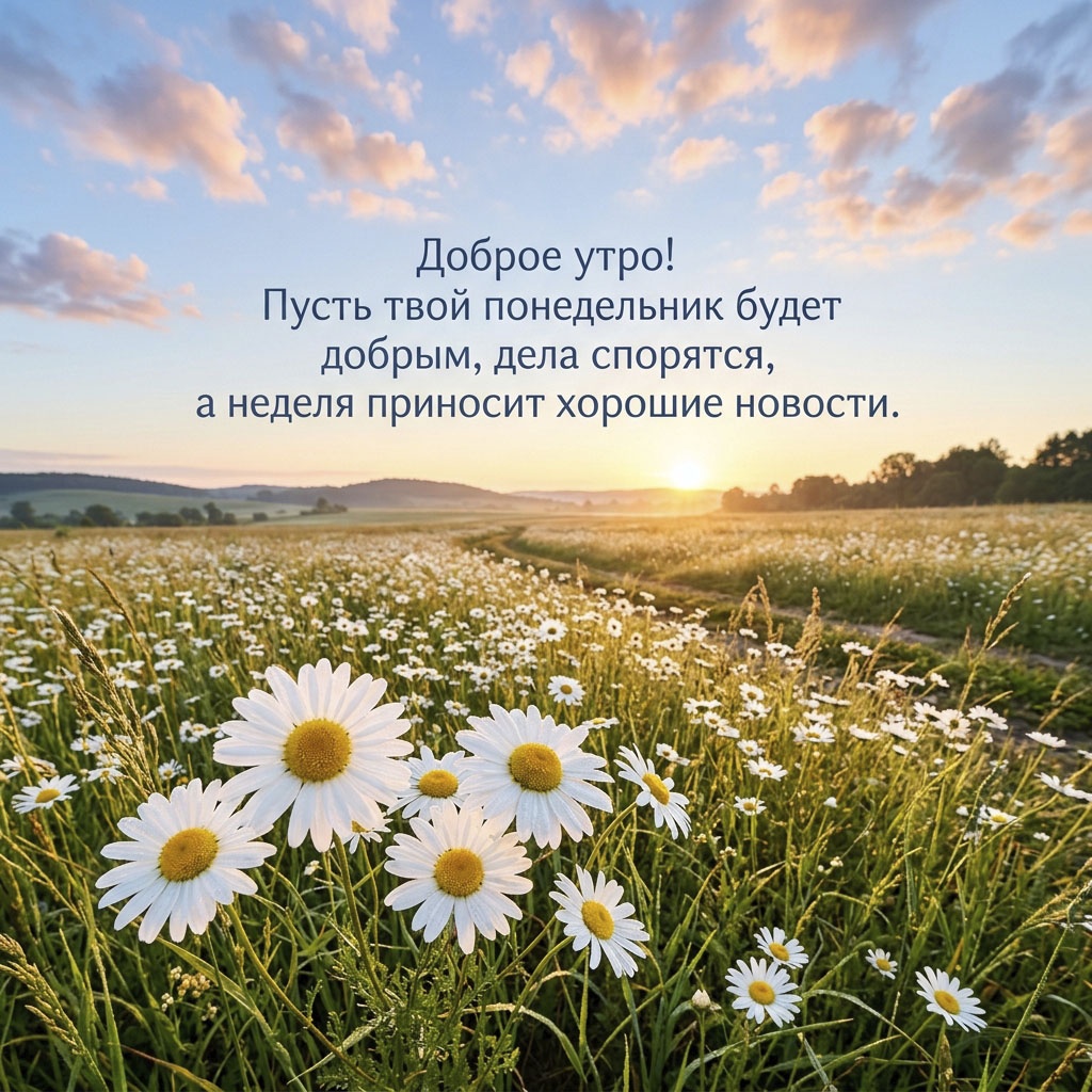 Открытка с полевыми ромашками, тропинкой и текстом: "Доброе утро! Пусть твой понедельник будет добрым, дела спорятся, а неделя приносит хорошие новости."