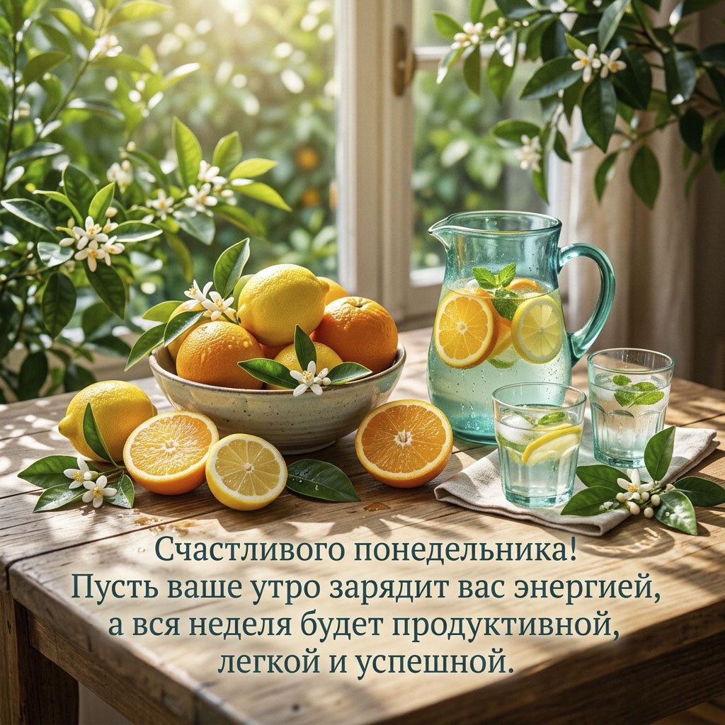 Открытка с кувшином лимонада, апельсинами, цветами и текстом: "Счастливого понедельника! Пусть ваше утро зарядит вас энергией, а вся неделя будет продуктивной, легкой и успешной."