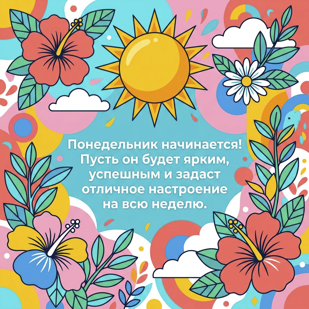 Открытка с солнцем, облаками, цветами гибискуса и текстом: "Понедельник начинается! Пусть он будет ярким, успешным и задаст отличное настроение на всю неделю."
