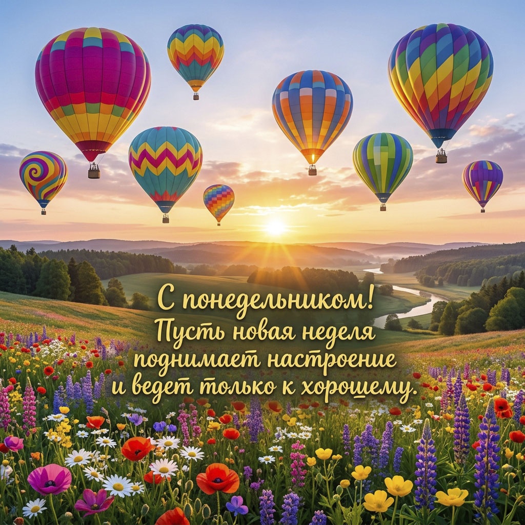 Открытка с воздушными шарами над полем цветов и текстом: "С понедельником! Пусть новая неделя поднимает настроение и ведет только к хорошему."