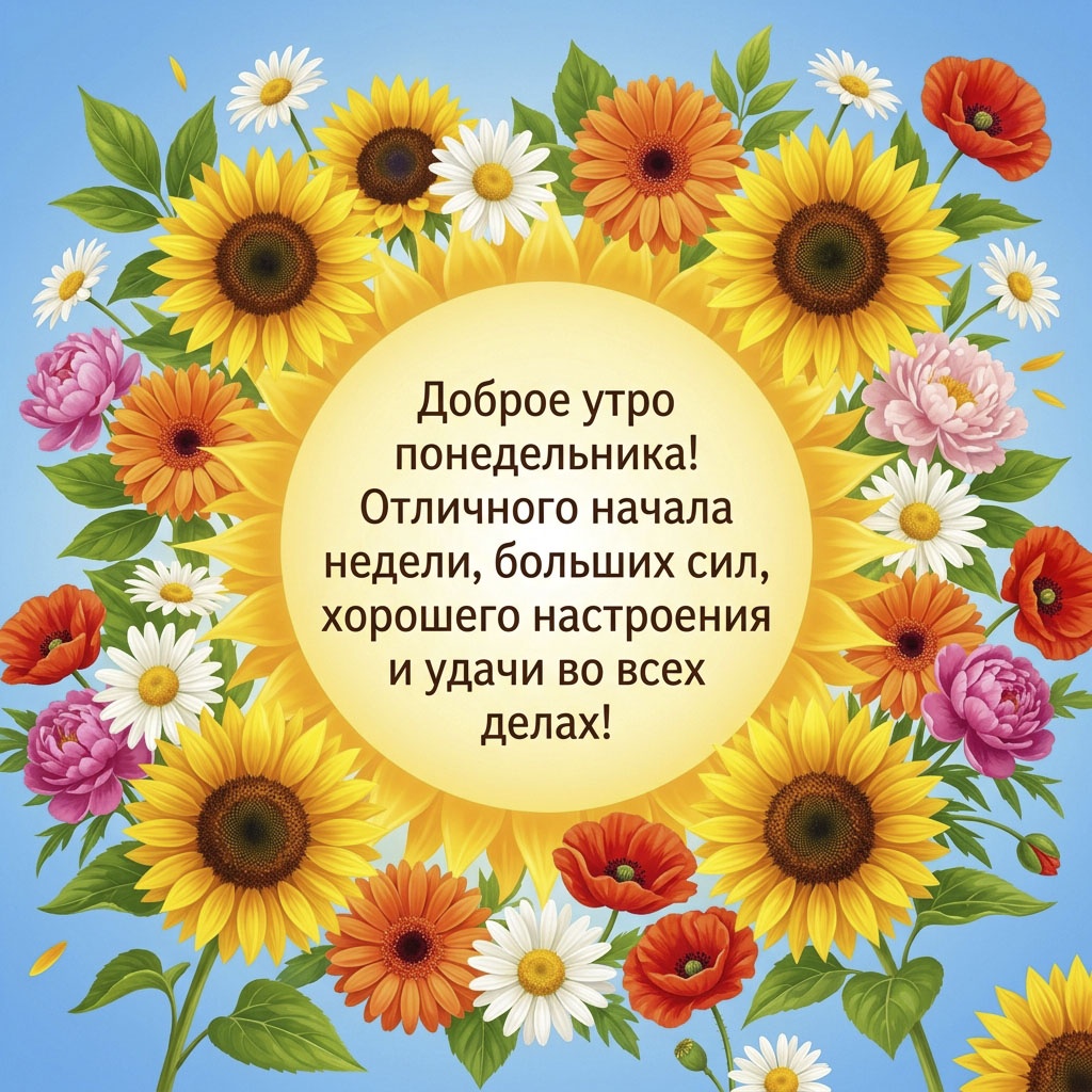 Открытка с цветами на голубом фоне и текстом: "Доброе утро понедельника! Отличного начала недели, больших сил, хорошего настроения и удачи во всех делах."