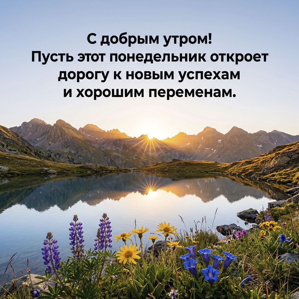 Открытка с горным озером, отражающим рассвет, и альпийскими цветами на берегу, с текстом: "С добрым утром! Пусть этот понедельник откроет дорогу к новым успехам и хорошим переменам."