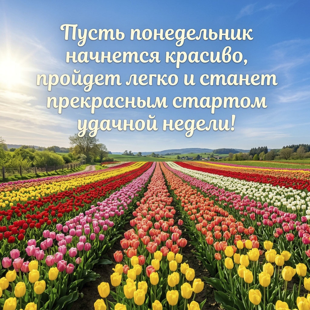 Открытка с полем разноцветных тюльпанов и текстом: "Пусть понедельник начнется красиво, пройдет легко и станет прекрасным стартом удачной недели."