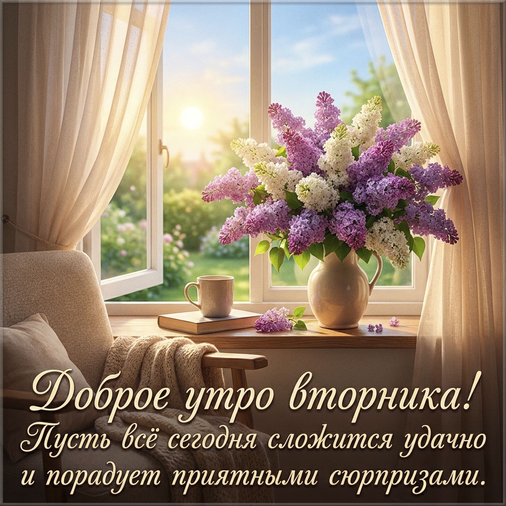 Открытка с букетом сирени в вазе на подоконнике и текстом: "Доброе утро вторника! Пусть все сегодня сложится удачно и порадует приятными сюрпризами."