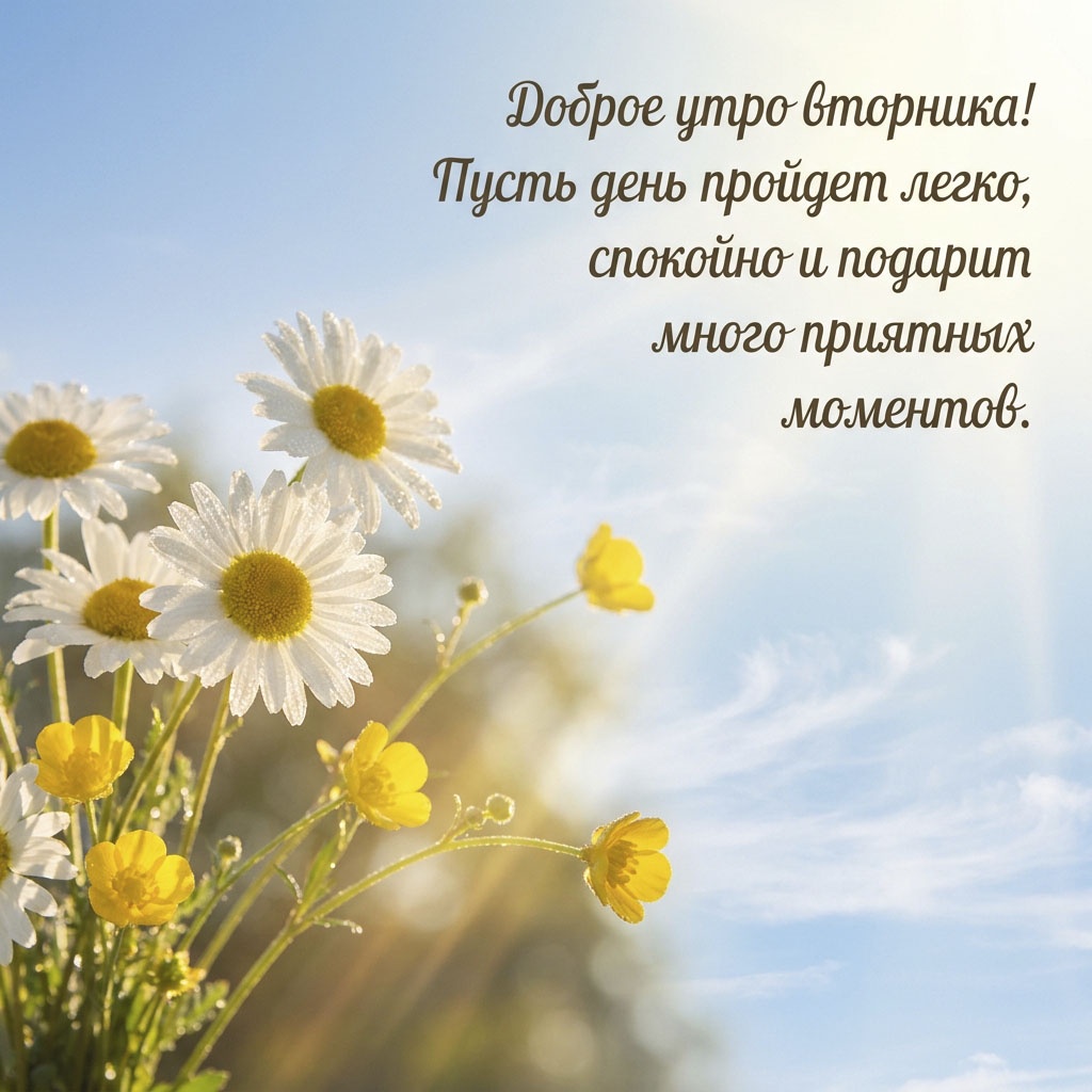 Открытка с букетом ромашек и желтых лютиков и текстом: "Доброе утро вторника! Пусть день пройдет легко, спокойно и подарит много приятных моментов."