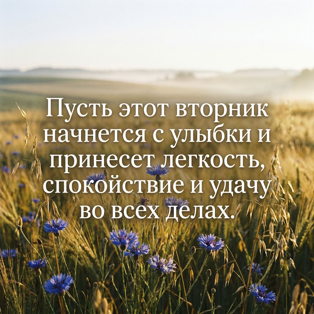 Открытка с васильками в поле на рассвете и текстом: "Пусть этот вторник начнется с улыбки и принесет легкость, спокойствие и удачу во всех делах."