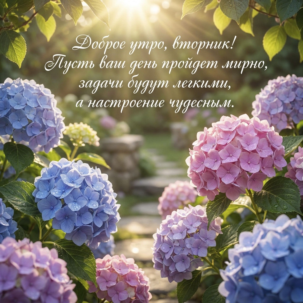 Открытка с розовыми и голубыми гортензиями в каплях росы и текстом: "Доброе утро, вторник! Пусть ваш день пройдет мирно, задачи будут легкими, а настроение чудесным."