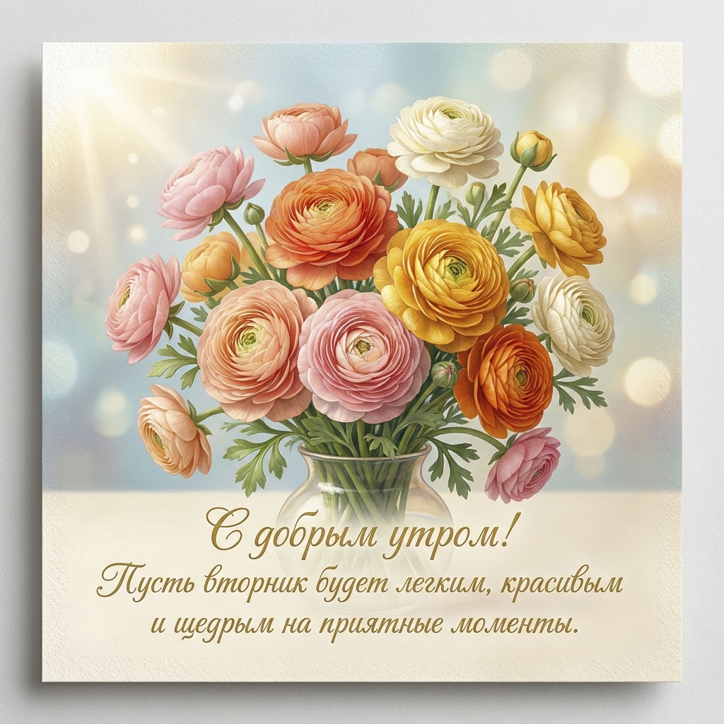 Открытка с букетом розовых, персиковых и желтых цветов и текстом: "С добрым утром! Пусть вторник будет легким, красивым и щедрым на приятные моменты."