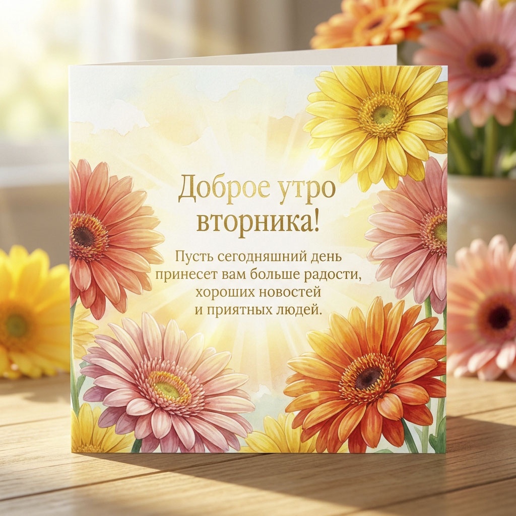 Акварельная открытка с желтыми и розовыми хризантемами и текстом: "Доброе утро вторника! Пусть сегодняшний день принесет вам больше радости, хороших новостей и приятных людей."