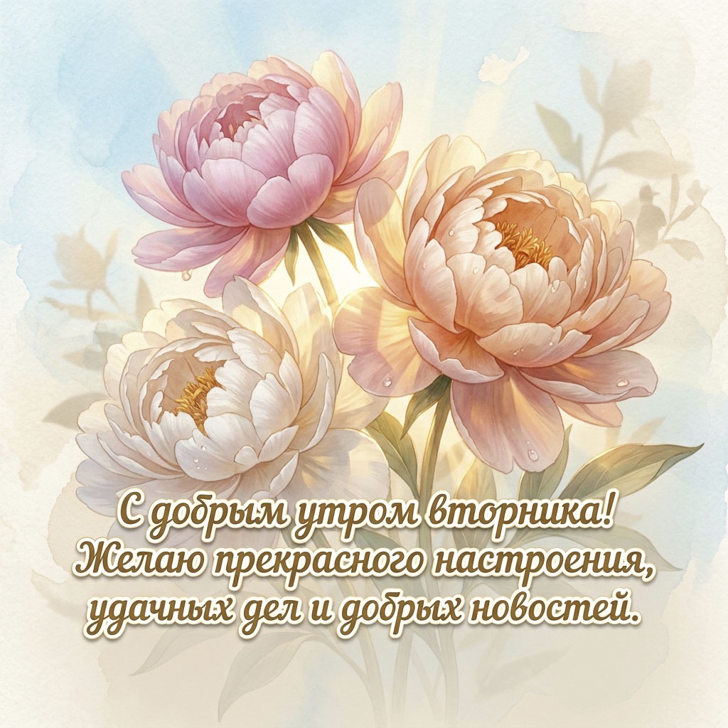 Акварельная открытка с пионами в нежных пастельных оттенках и текстом: "С добрым утром вторника! Желаю прекрасного настроения, удачных дел и добрых новостей."