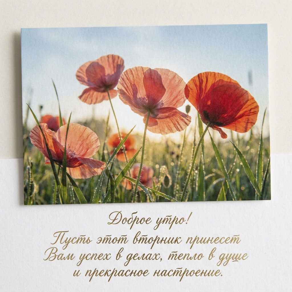 Фотооткрытка с красными маками на фоне утреннего неба и текстом: "Доброе утро! Пусть этот вторник принесет Вам успех в делах, тепло в душе и прекрасное настроение."