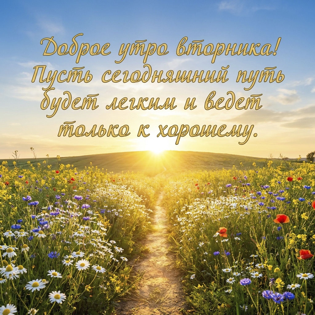 Открытка с тропинкой среди полевых цветов, уходящей к рассвету, и текстом: "Доброе утро вторника! Пусть сегодняшний путь будет легким и ведет только к хорошему."