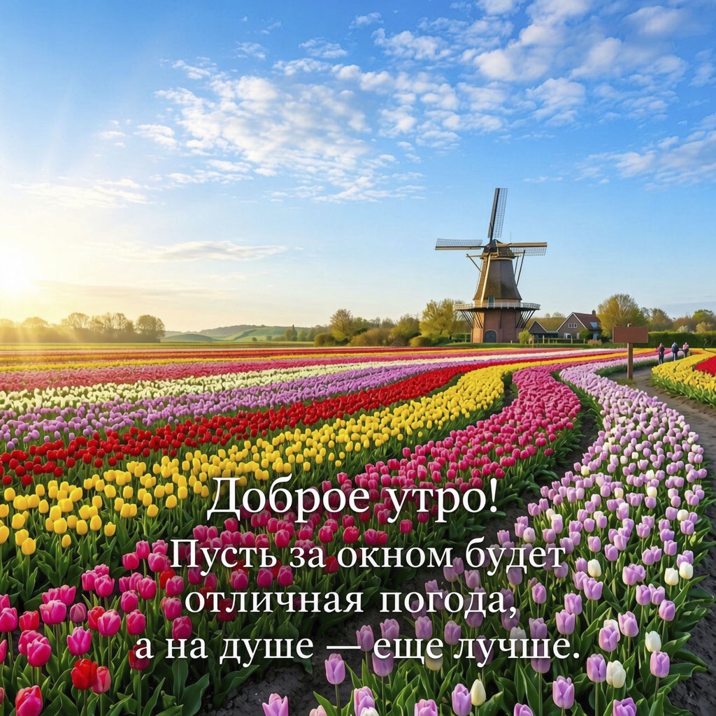 Открытка с разноцветными рядами тюльпанов, мельницей на горизонте и текстом: "Доброе утро! Пусть за окном будет отличная погода, а на душе - еще лучше."