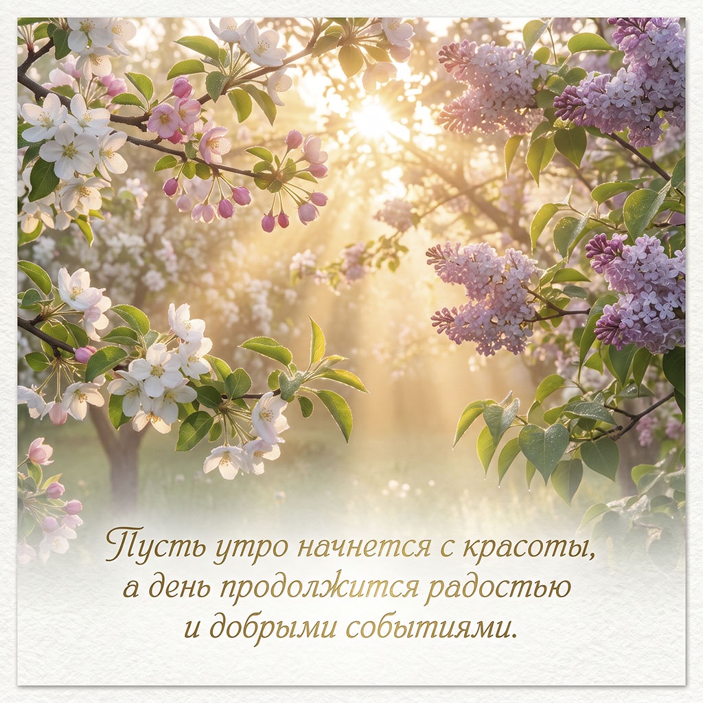Открытка с цветущими ветками яблони и сирени в лучах солнца и текстом: "Пусть утро начнется с красоты, а день продолжится радостью и добрыми событиями."