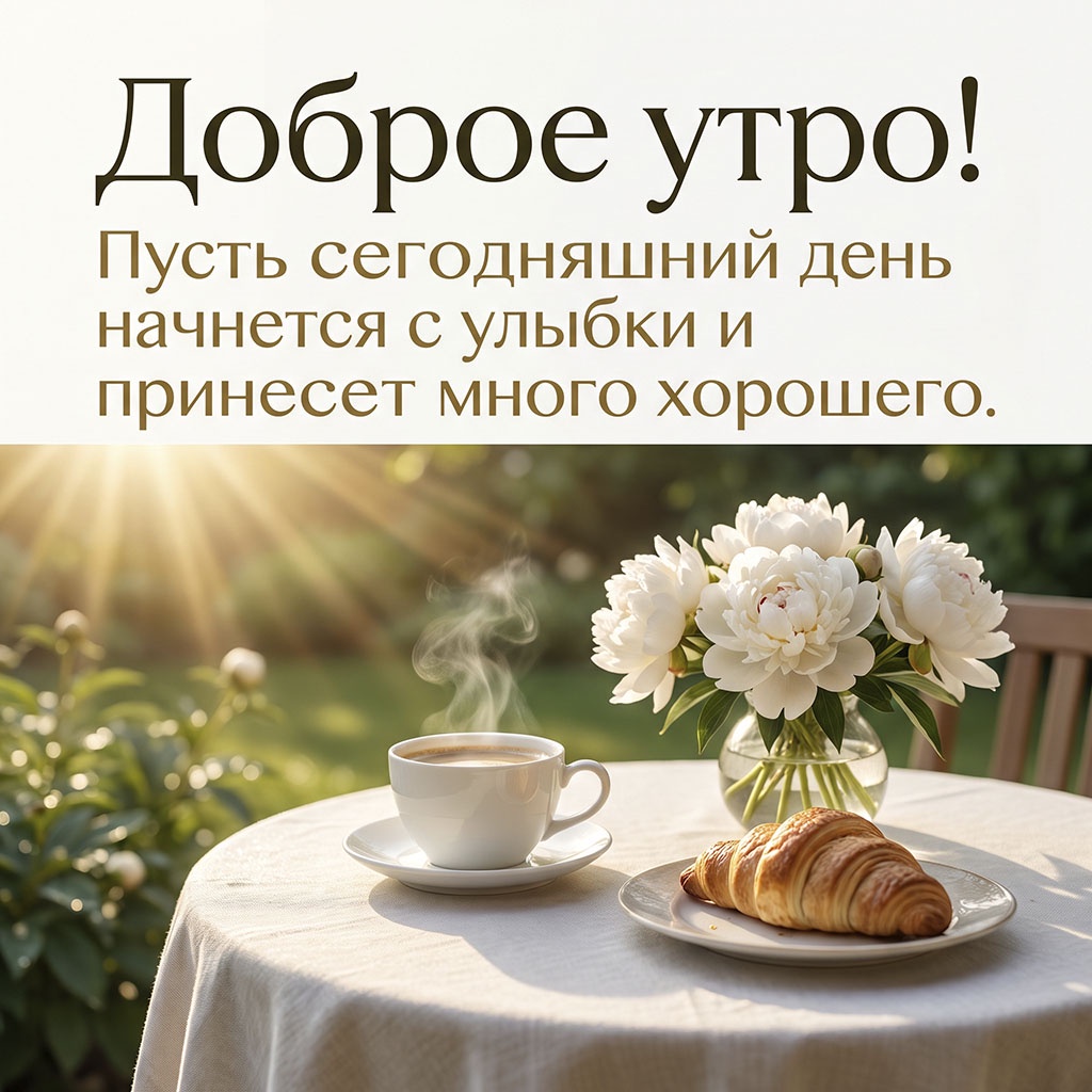 Весенняя открытка с белыми пионами, кофе в лучах солнца и текстом: "Доброе утро! Пусть сегодняшний день начнется с улыбки и принесет много хорошего."