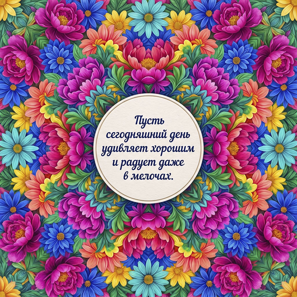 Калейдоскопическая открытка с яркими ромашками и текстом: "Пусть сегодняшний день удивляет хорошим и радует даже в мелочах."