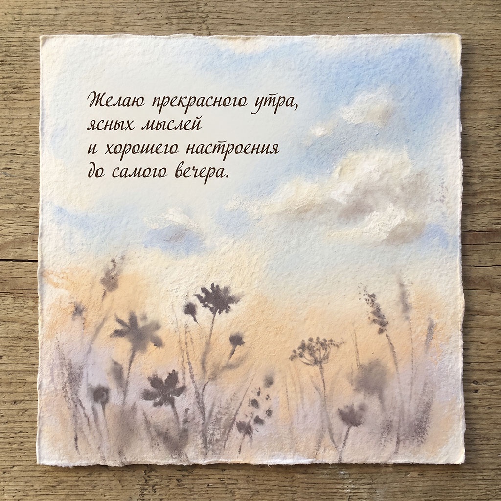 Открытка в пастельных тонах с силуэтами полевых цветов на фоне неба и текстом: "Желаю прекрасного утра, ясных мыслей и хорошего настроения до самого вечера."