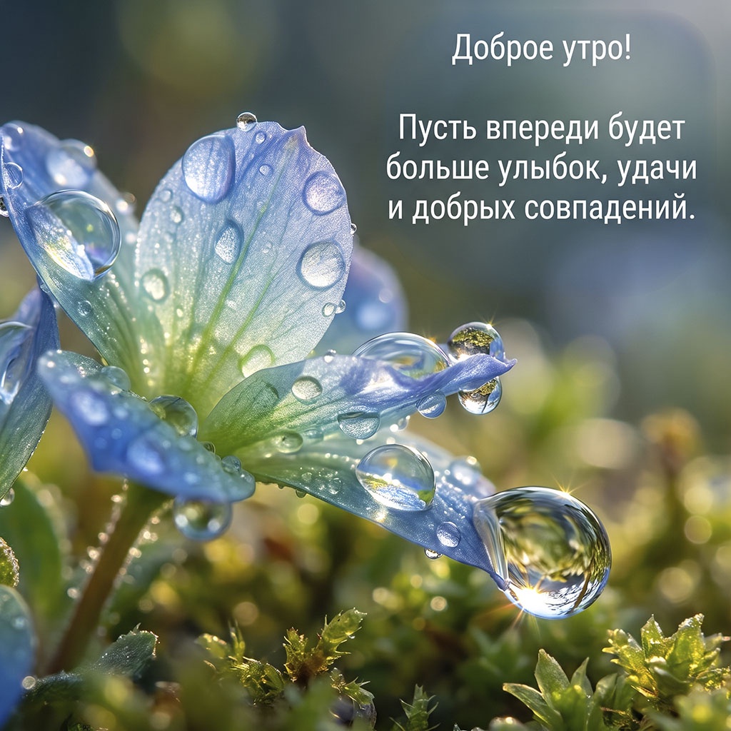 Открытка с нежно-голубыми лепестками в крупных каплях росы и текстом: "Доброе утро! Пусть впереди будет больше улыбок, удачи и добрых совпадений."